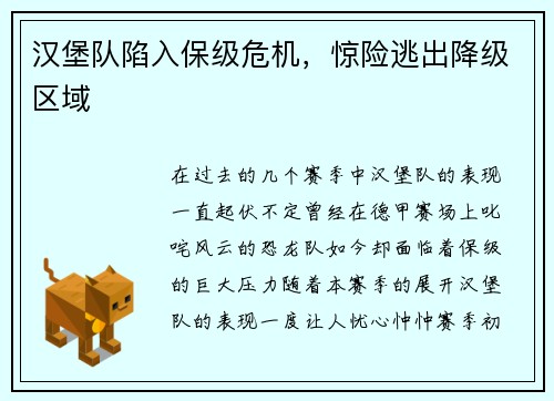 汉堡队陷入保级危机，惊险逃出降级区域