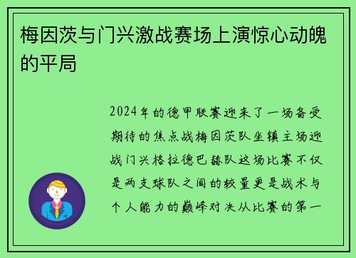 梅因茨与门兴激战赛场上演惊心动魄的平局